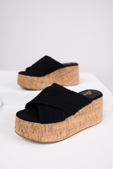 Black Crochet Cross Strap Cork Platform Wedges