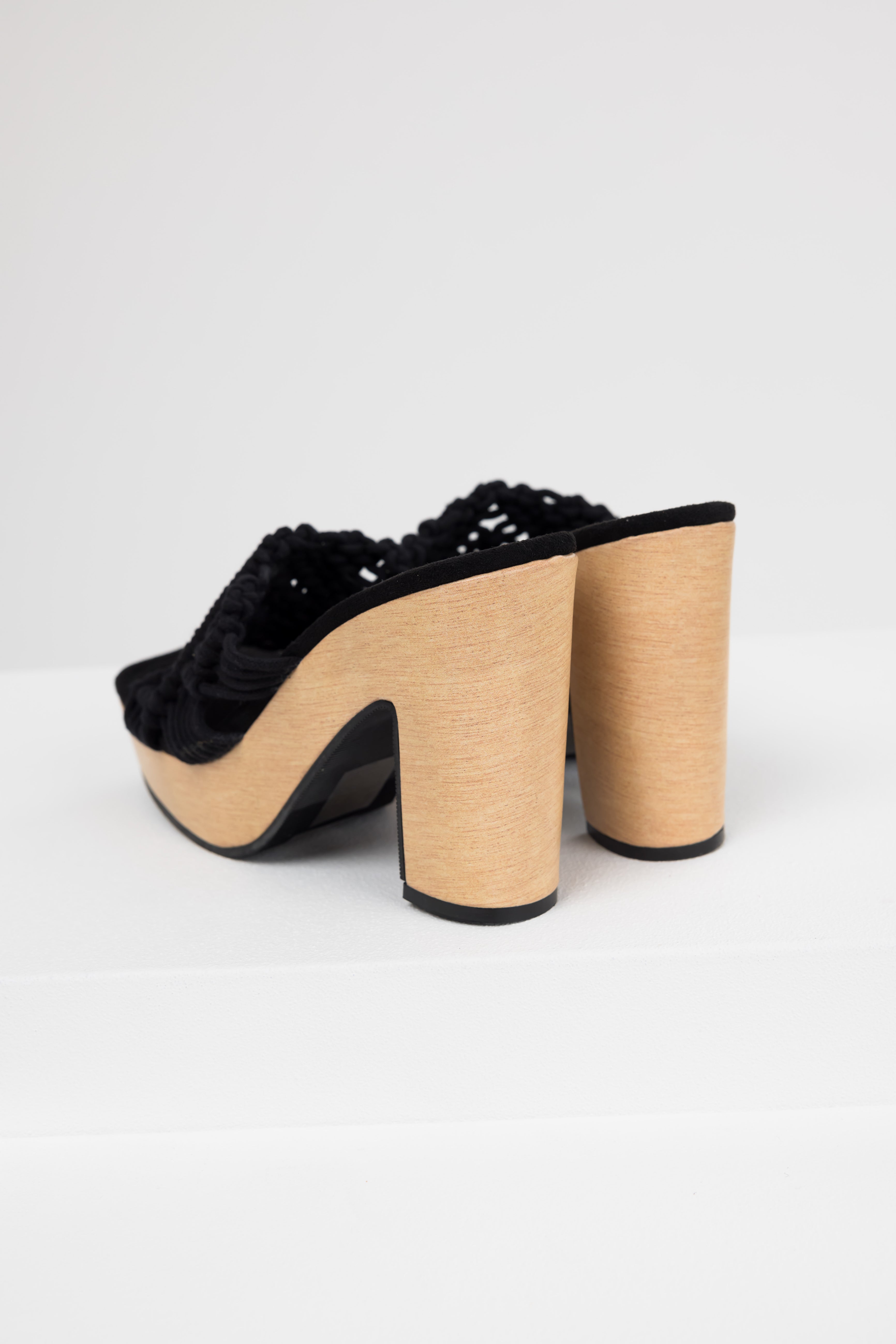 Black Crochet Strap Faux Wood Heels