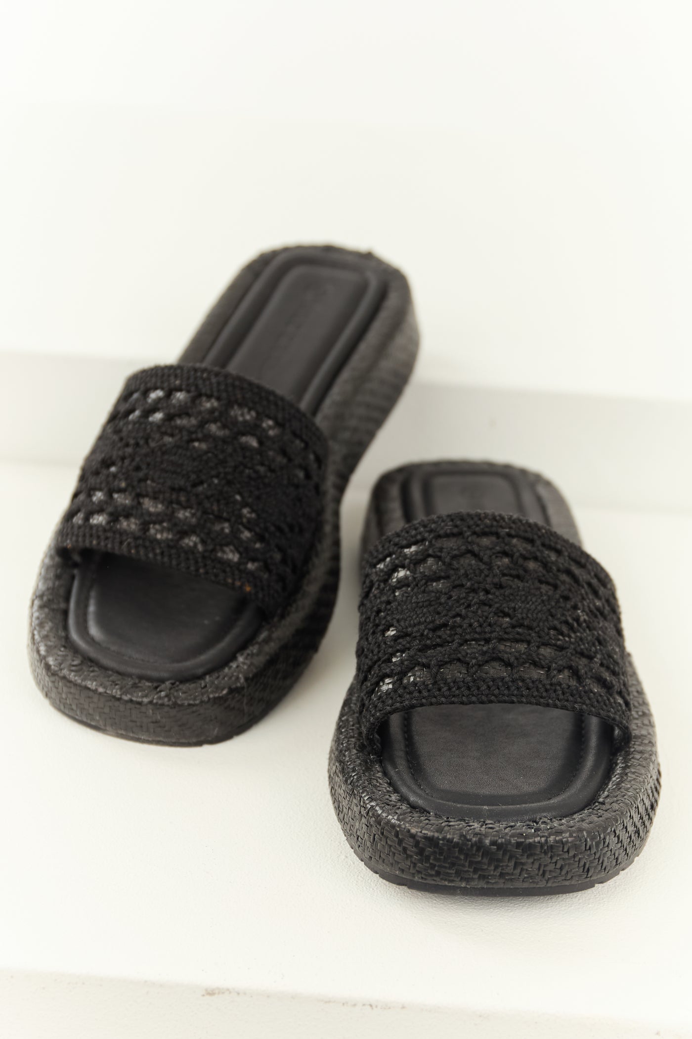 Black Crochet Strap Raffia Platform Slip On Sandals