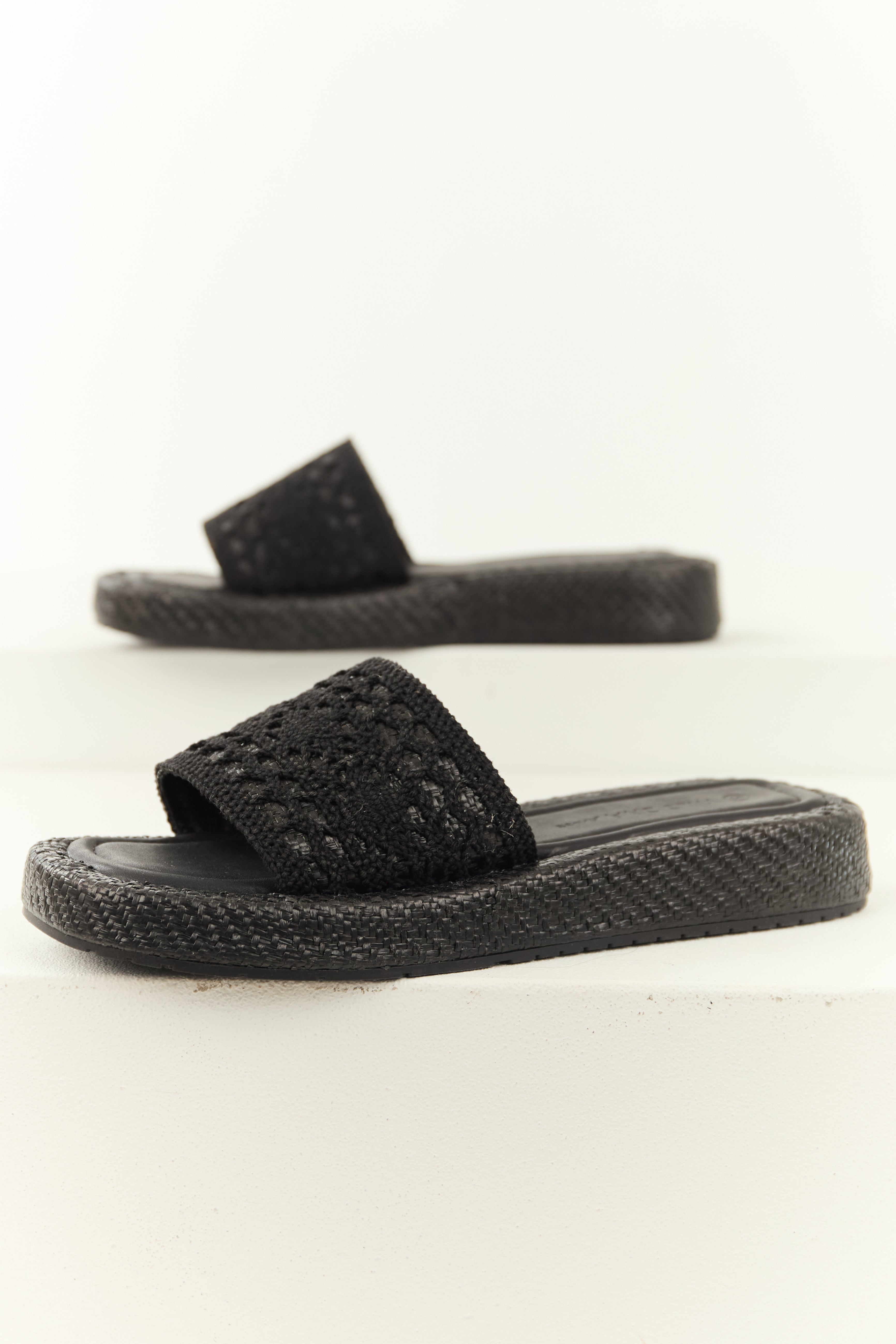 Black Crochet Strap Raffia Platform Slip On Sandals