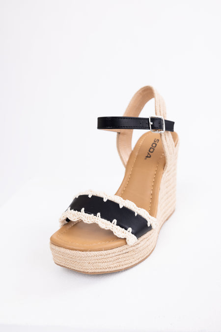 Black Crochet Trim Strap Espadrille Wedges