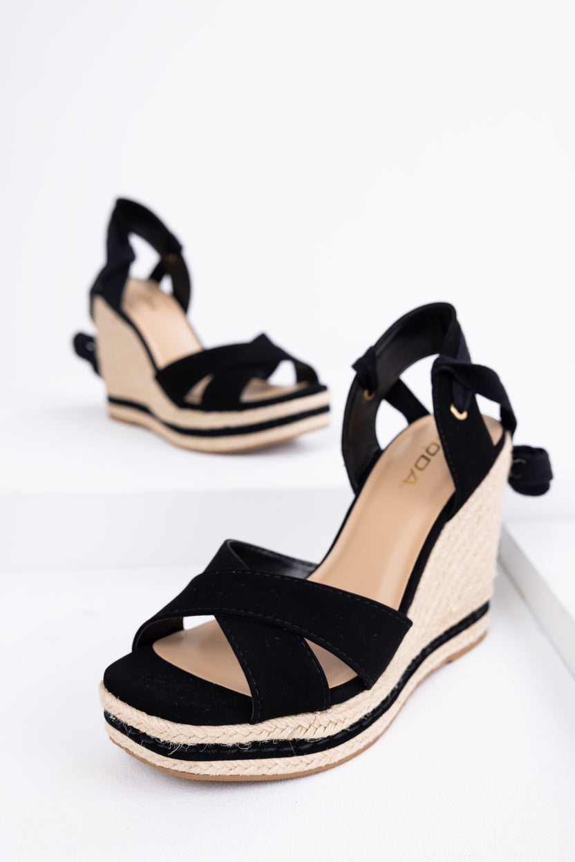 Black Cross Strap Lace Up Espadrille Wedges