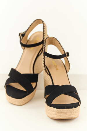 Black Cross Strap Platform Espadrille Wedges