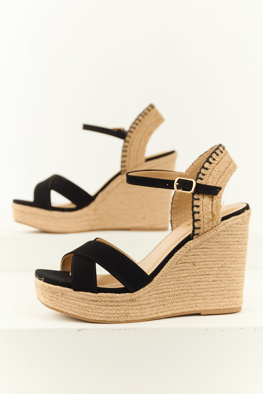 Black Cross Strap Platform Espadrille Wedges