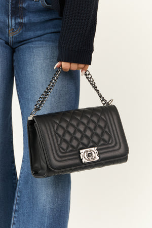 Black Cushion Faux Leather Chain Crossbody Bag