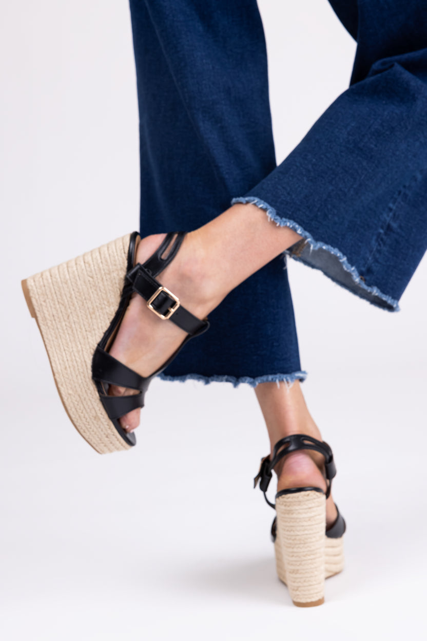 Black Cut Out T Strap Espadrille Platform Wedges