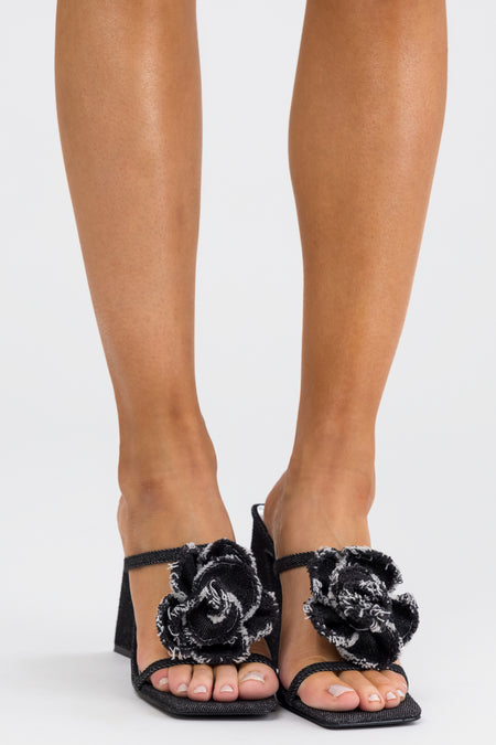 Black Denim Flower Detail Square Toe Heels