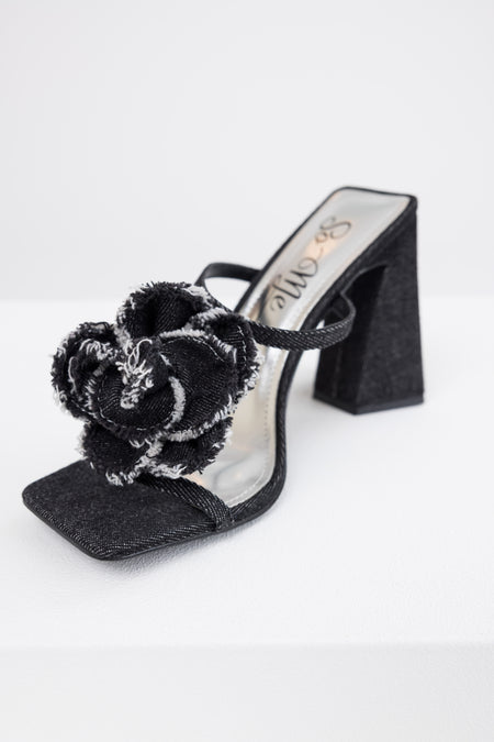 Black Denim Flower Detail Square Toe Heels