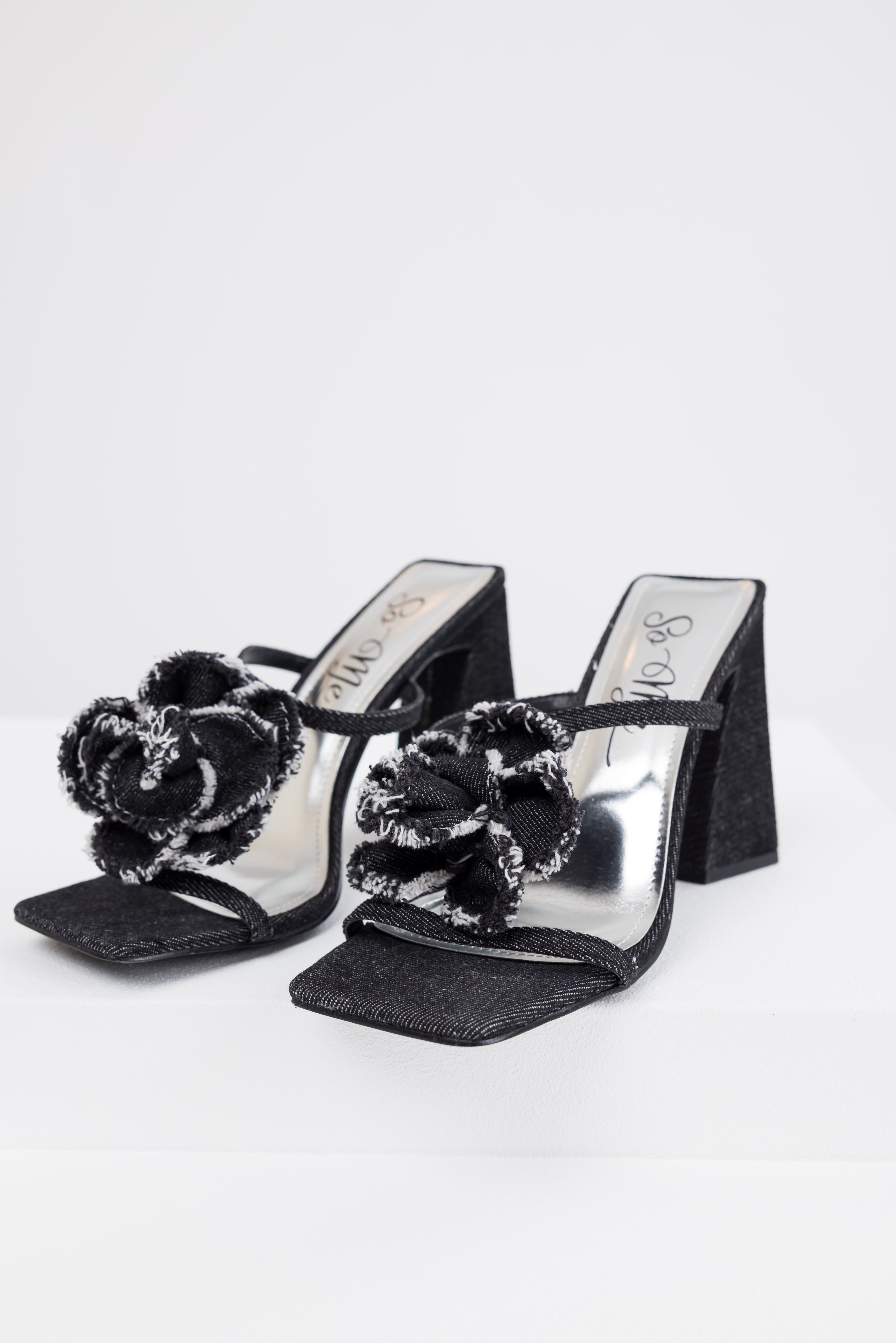 Black Denim Flower Detail Square Toe Heels