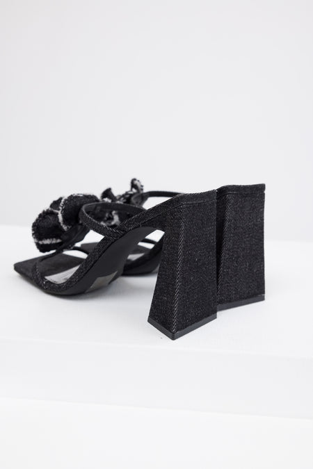 Black Denim Flower Detail Square Toe Heels