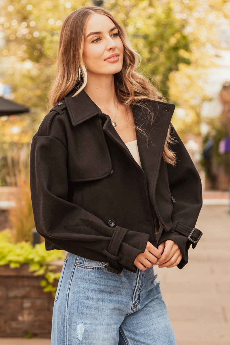 Black Double Breasted Cropped Coat with Collar