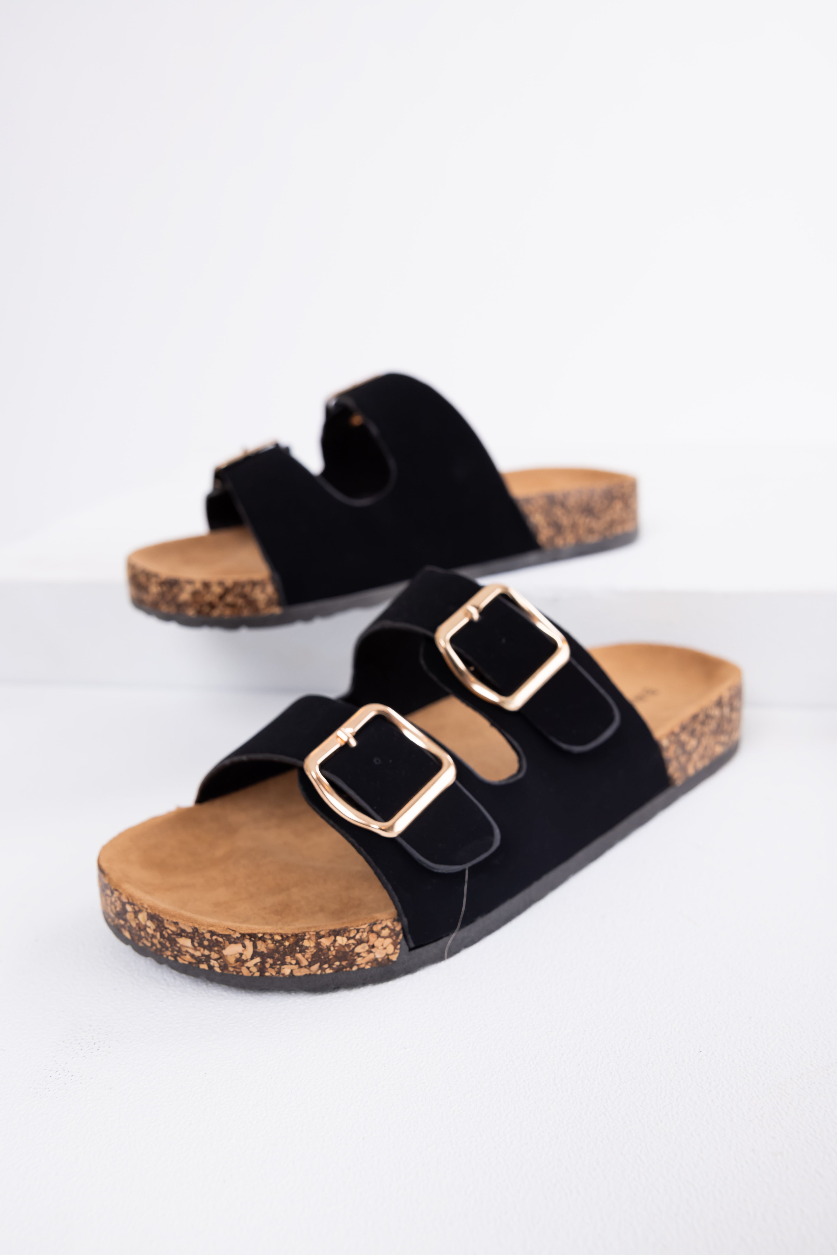 Black Double Buckle Slide On Sandals