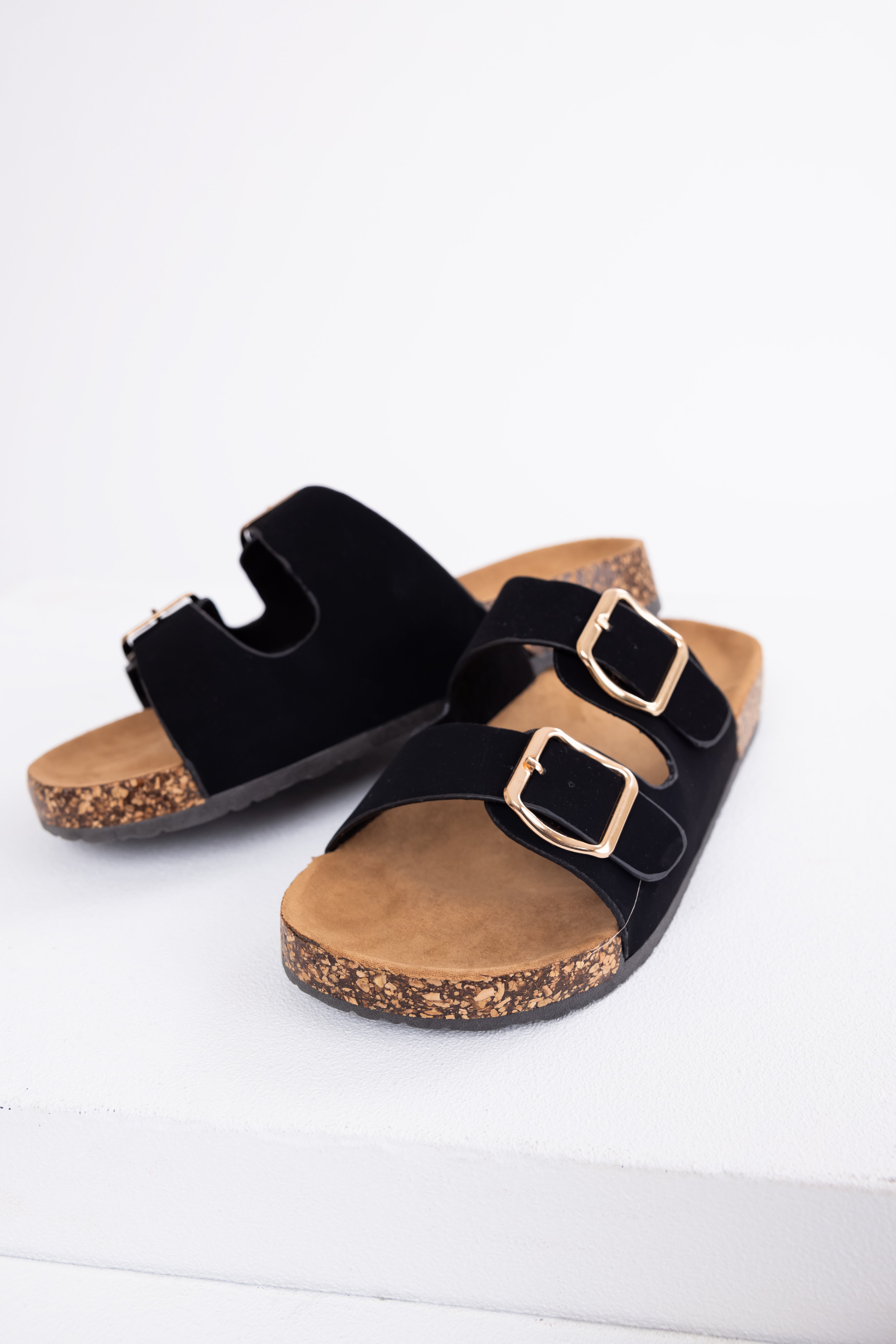 Black Double Buckle Slide On Sandals