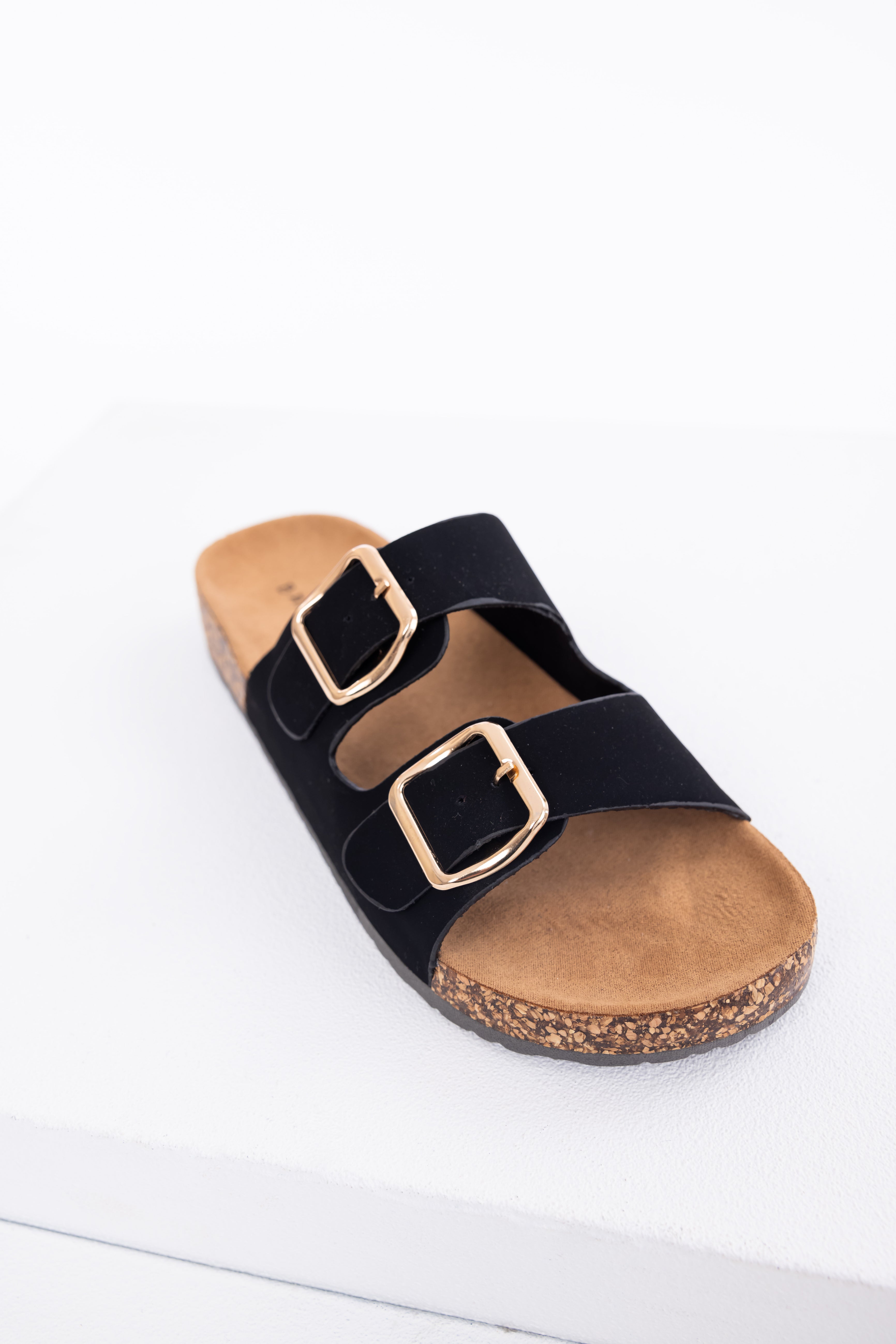 Black Double Buckle Slide On Sandals