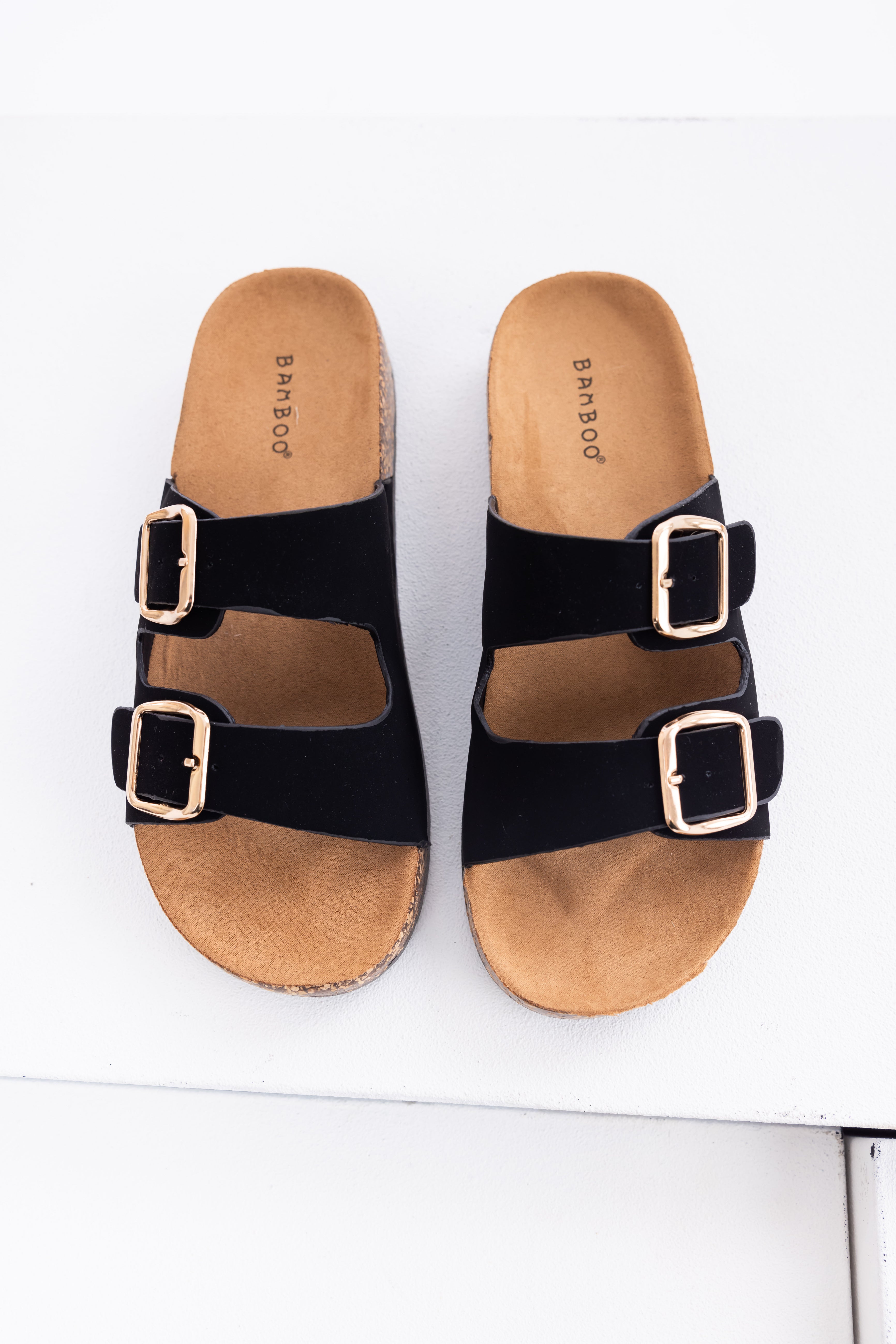 Black Double Buckle Slide On Sandals