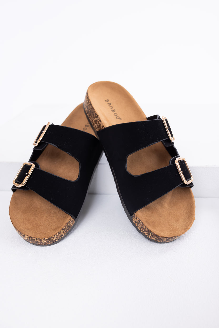 Black Double Buckle Slide On Sandals