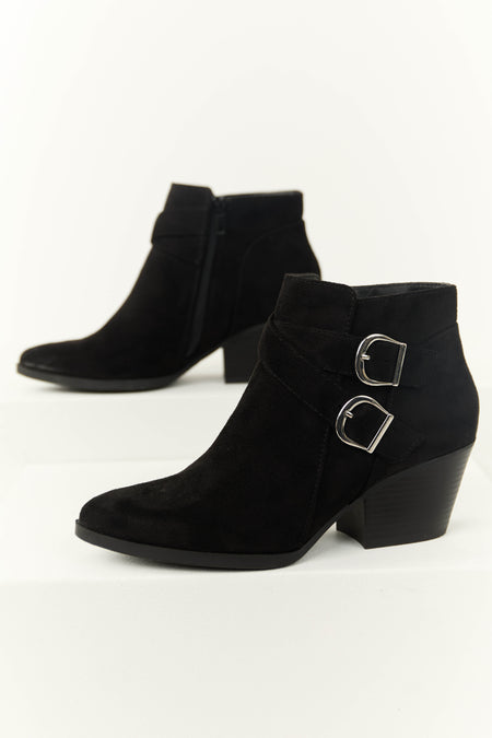 Black Double Buckle Strap Ankle Booties