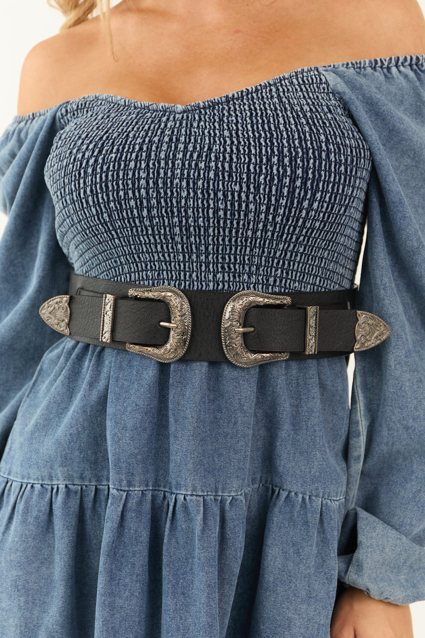 Black Embellished Western Double Buckle Belt