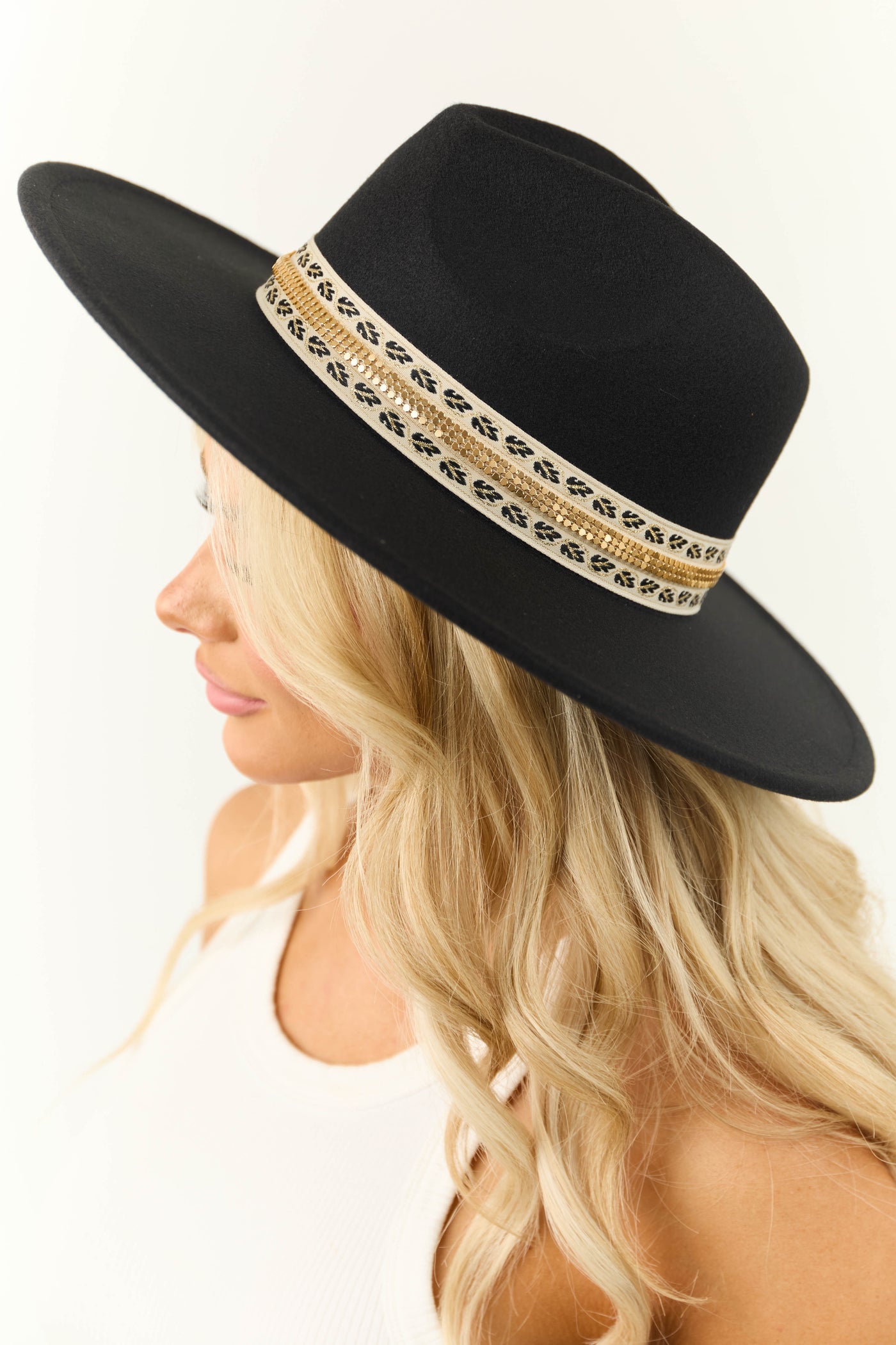 Black Embroidered Ribbon Fedora Hat