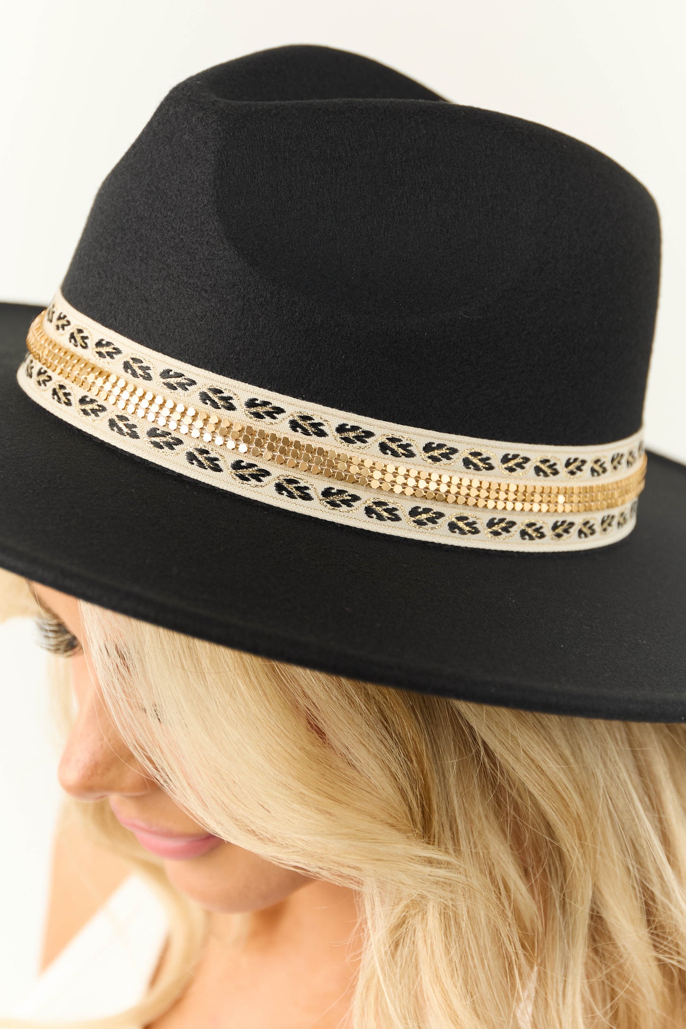 Black Embroidered Ribbon Fedora Hat