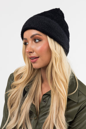 Black Eyelash Faux Fur Ribbed Beanie