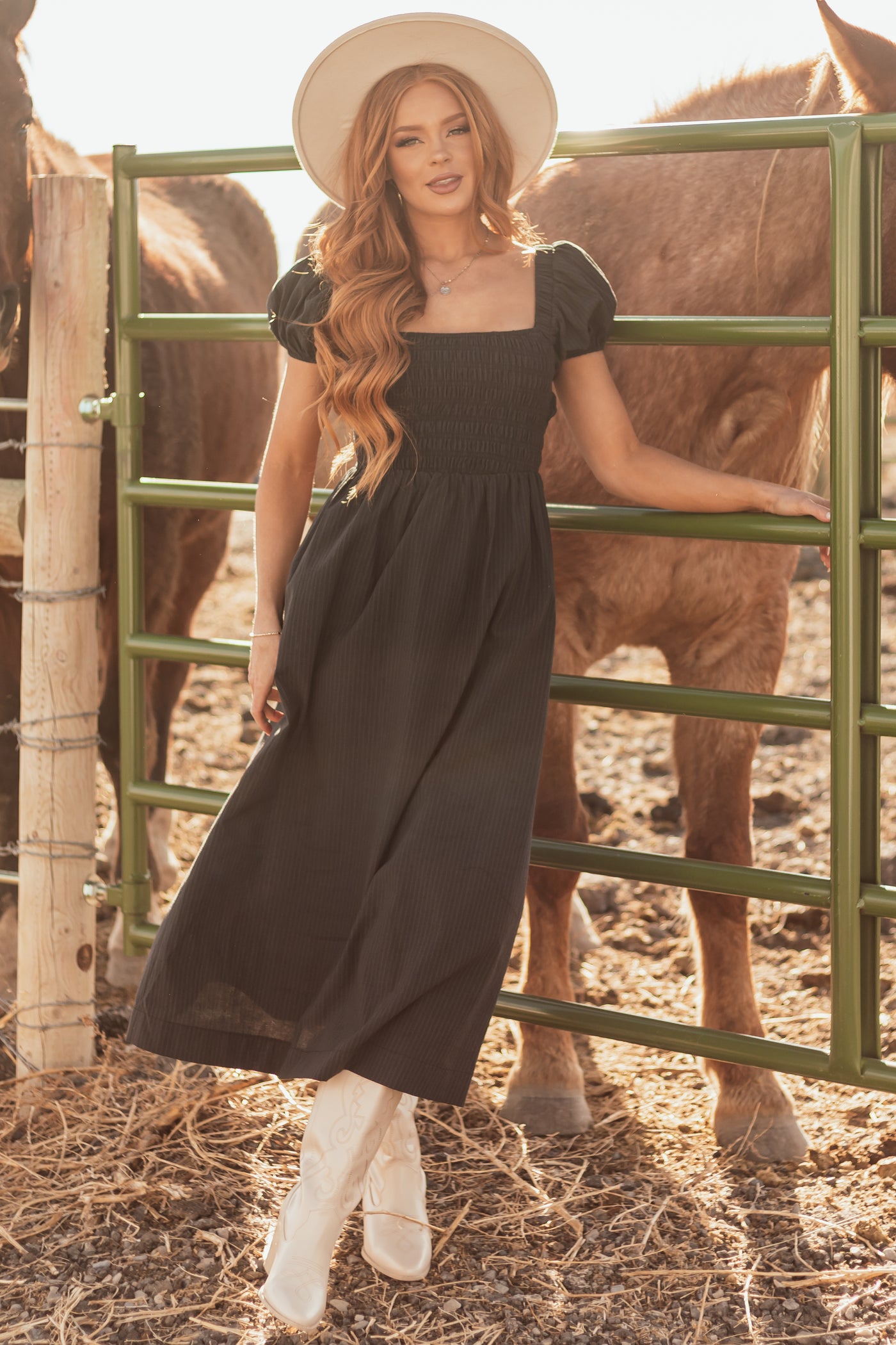 Black Faded Stripe Smocked Short Sleeve Maxi Dress