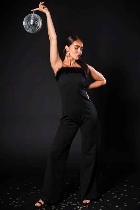 Black Faux Feather Trim Sleeveless Jumpsuit