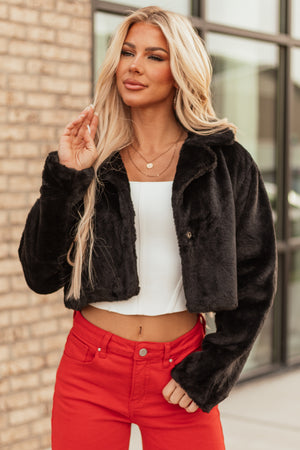 Black Faux Fur Long Sleeve Cropped Jacket