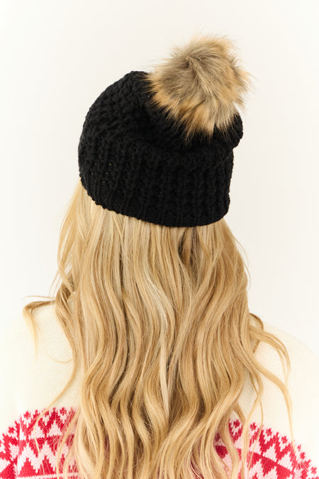 Black Faux Fur Pom Pom Textured Knit Beanie