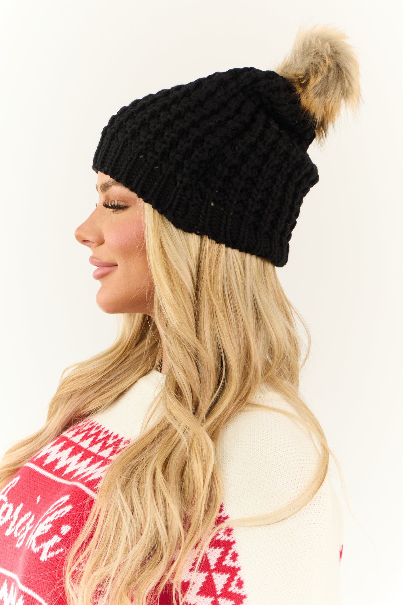 Black Faux Fur Pom Pom Textured Knit Beanie