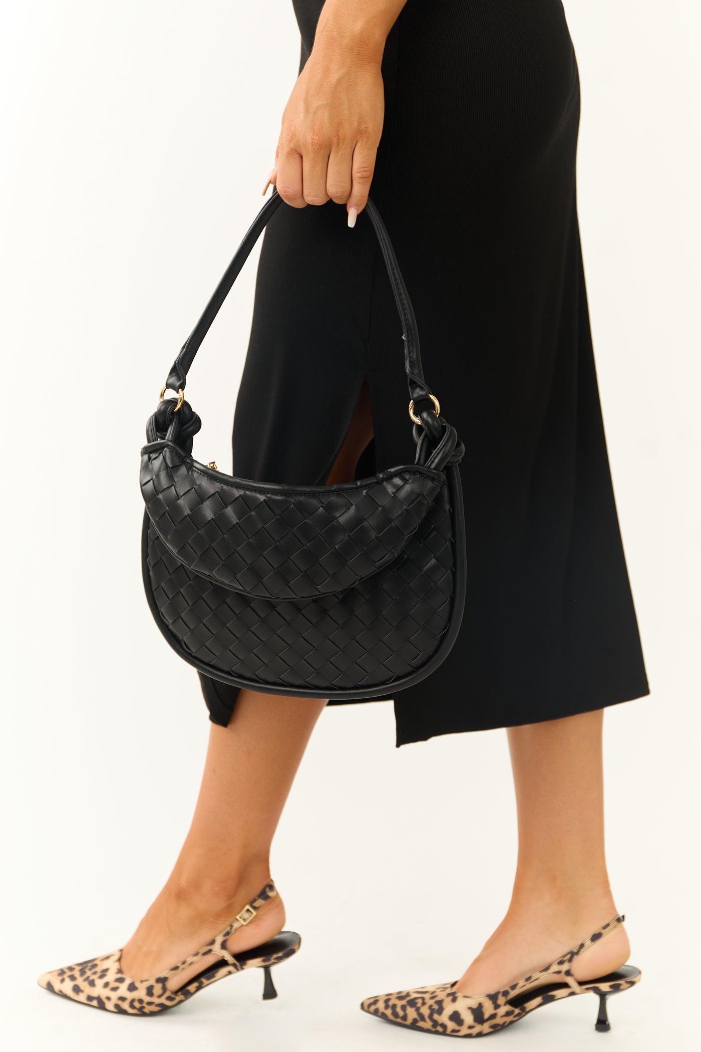 Black Faux Leather Basketweave Bag