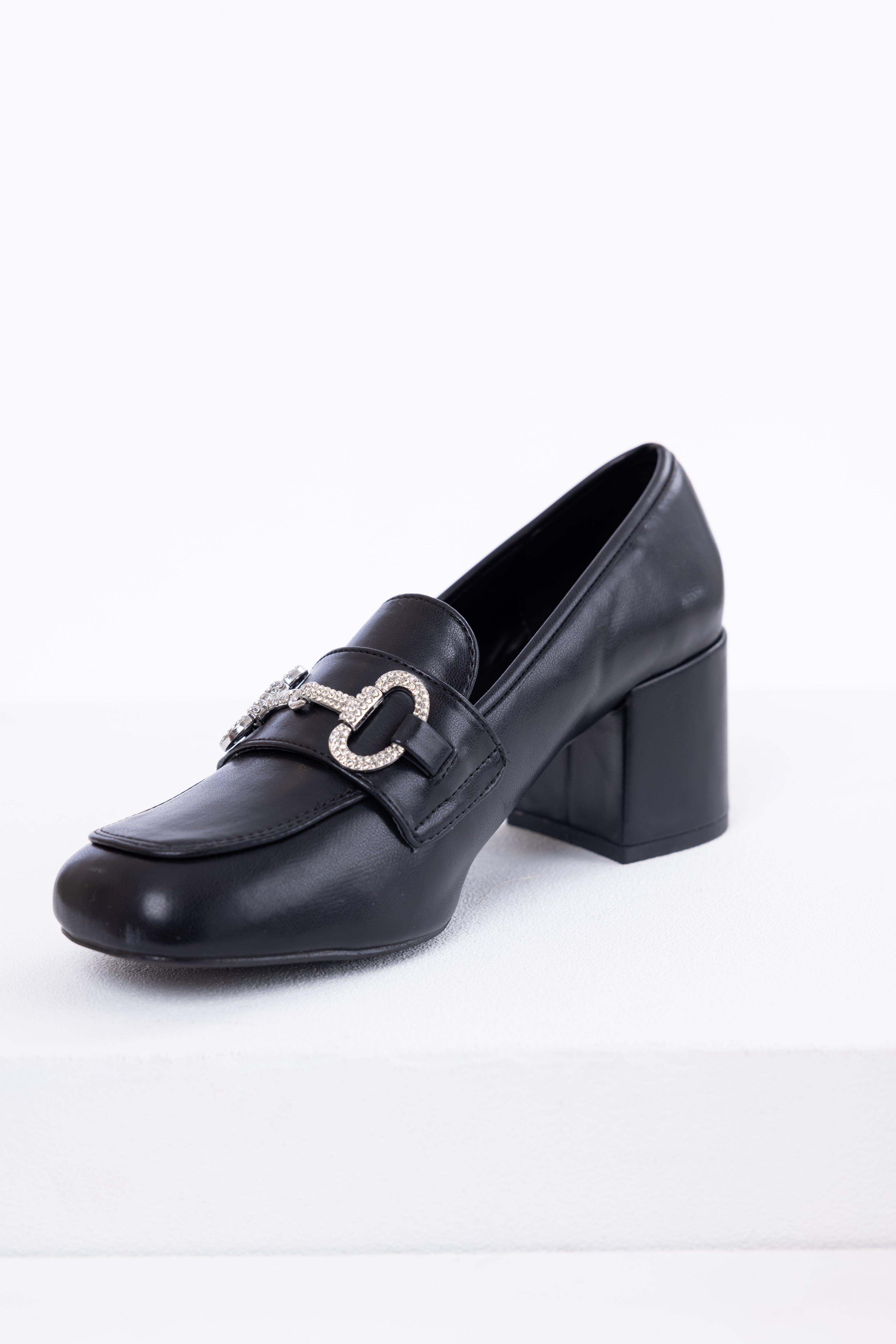 Black Faux Leather Block Heel Loafers