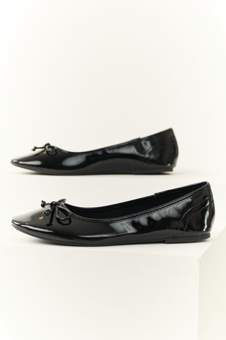 Black Faux Leather Bow Detail Slip On Flats