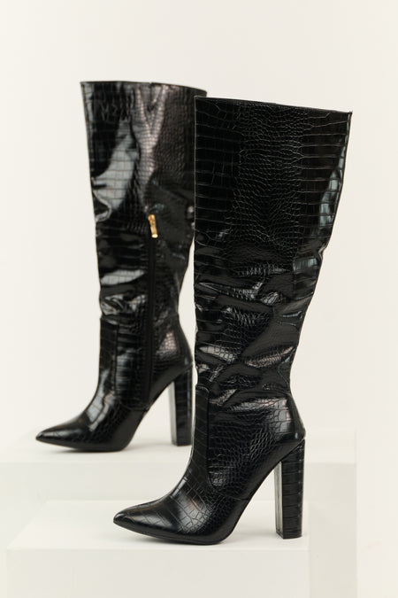 Black Faux Leather Crocodile Heeled Boots