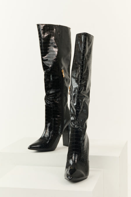 Black Faux Leather Crocodile Heeled Boots