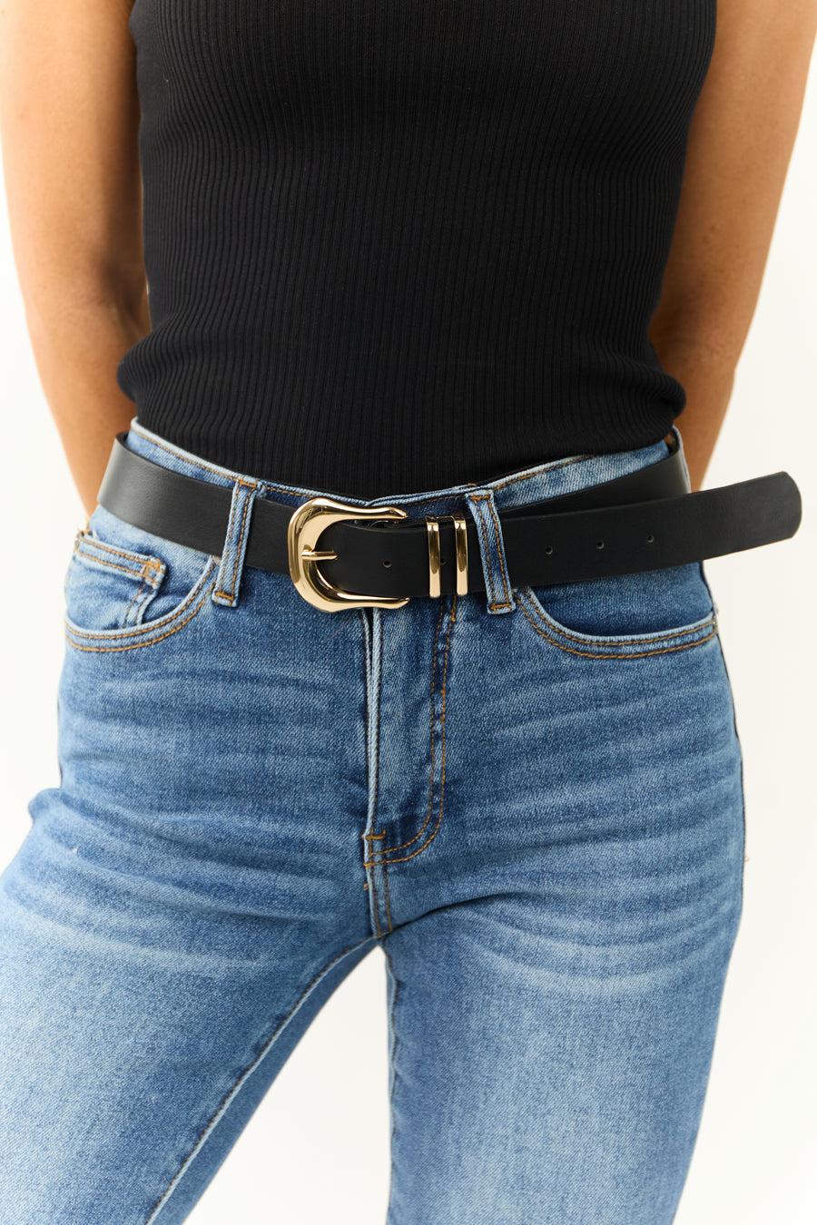 Black Faux Leather Gold Buckle Belt