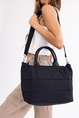 Black Faux Leather Handled Nylon Tote Bag