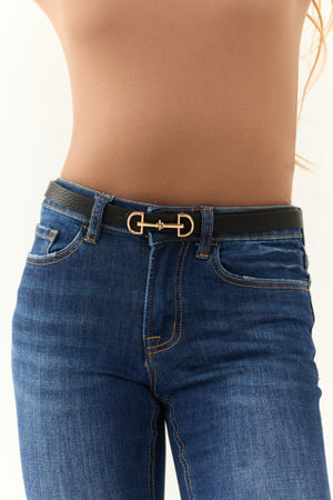 Black Faux Leather Horse Bit Buckle Skinny Belt