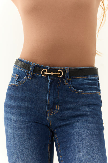 Black Faux Leather Horse Bit Buckle Skinny Belt