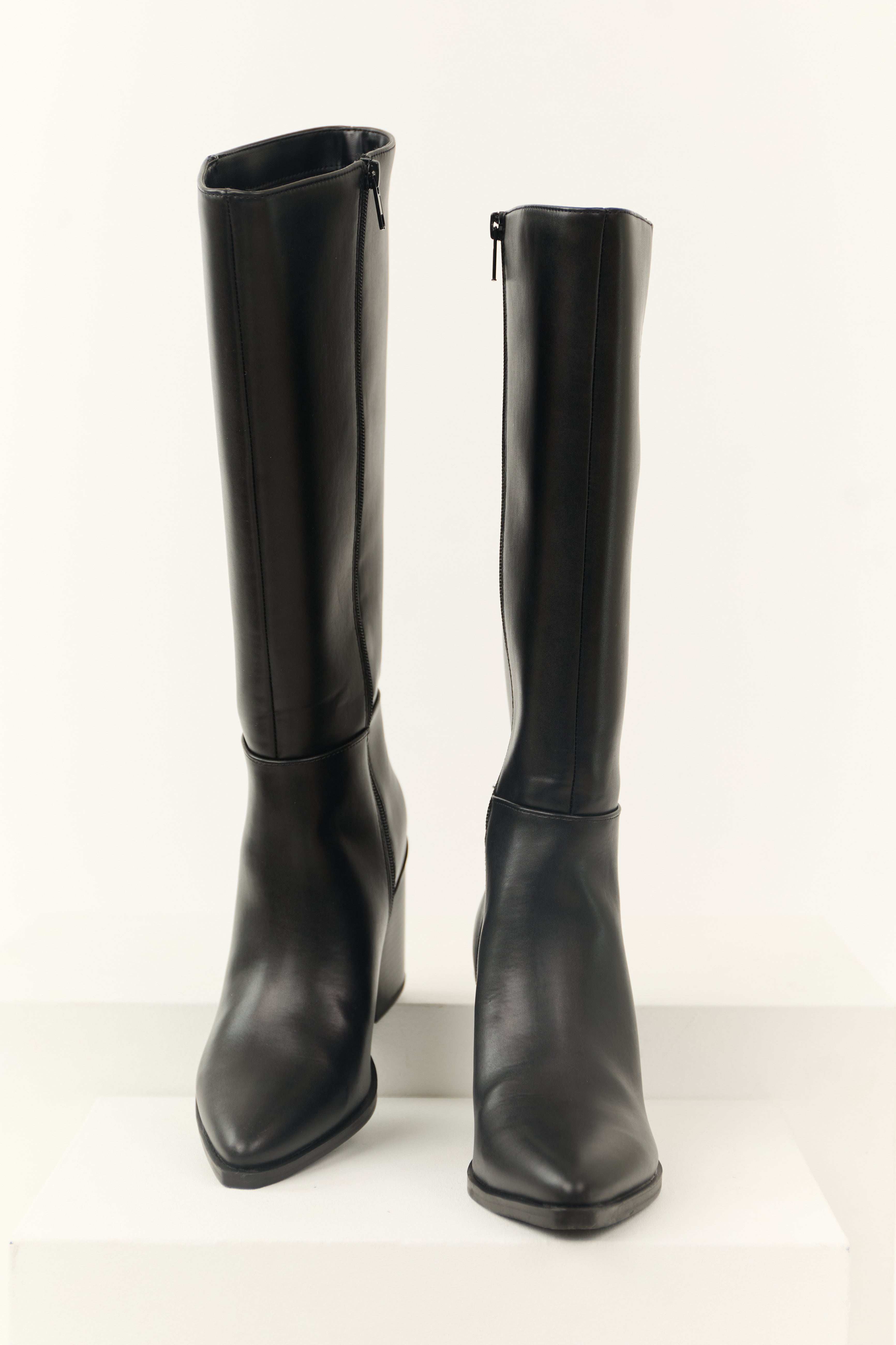 Black Faux Leather Pointed Toe Boots