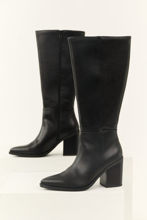 Black Faux Leather Pointed Toe Boots