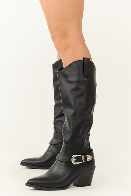 Black Faux Leather Pointed Toe Buckle Boot