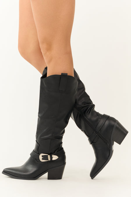 Black Faux Leather Pointed Toe Buckle Boot