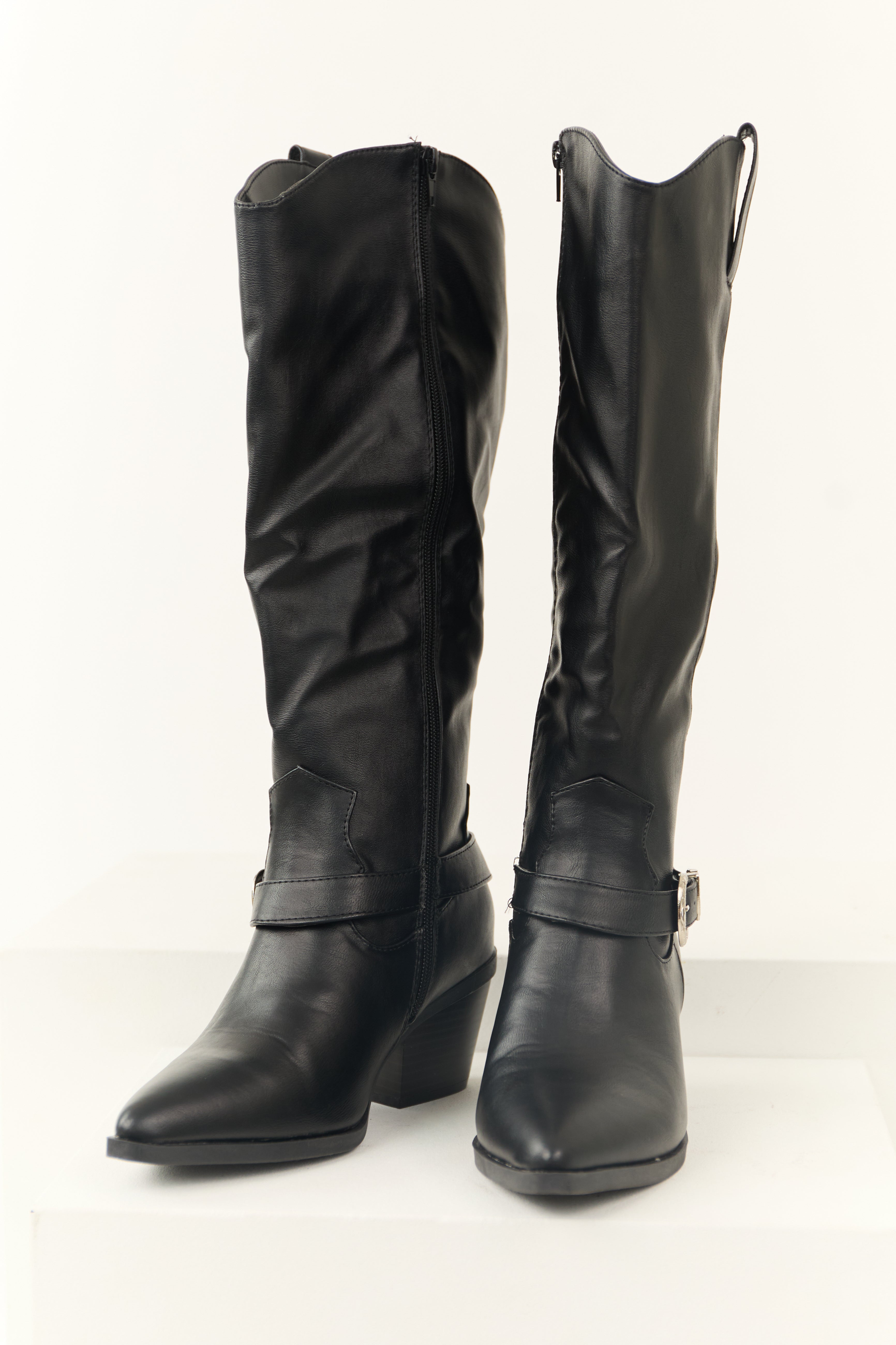 Black Faux Leather Pointed Toe Buckle Boot