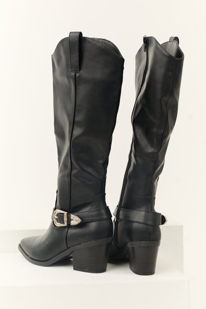 Black Faux Leather Pointed Toe Buckle Boot