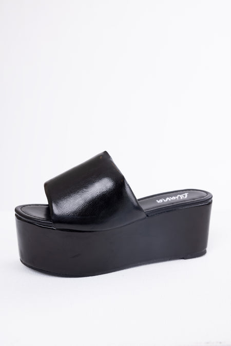 Black Faux Leather Puffy Band Platform Sandal