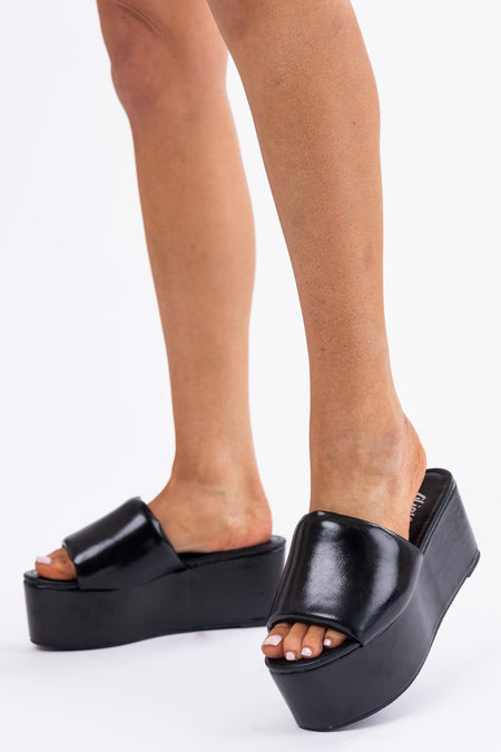 Black Faux Leather Puffy Band Platform Sandal