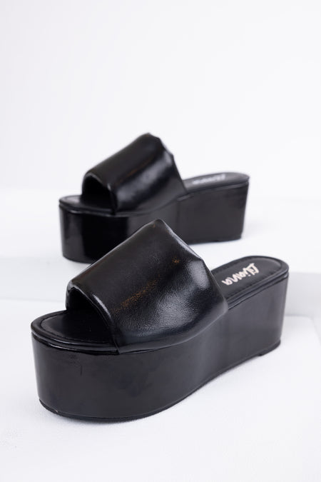 Black Faux Leather Puffy Band Platform Sandal