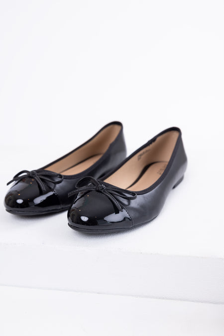 Black Faux Leather Shiny Toe Ballerina Flats