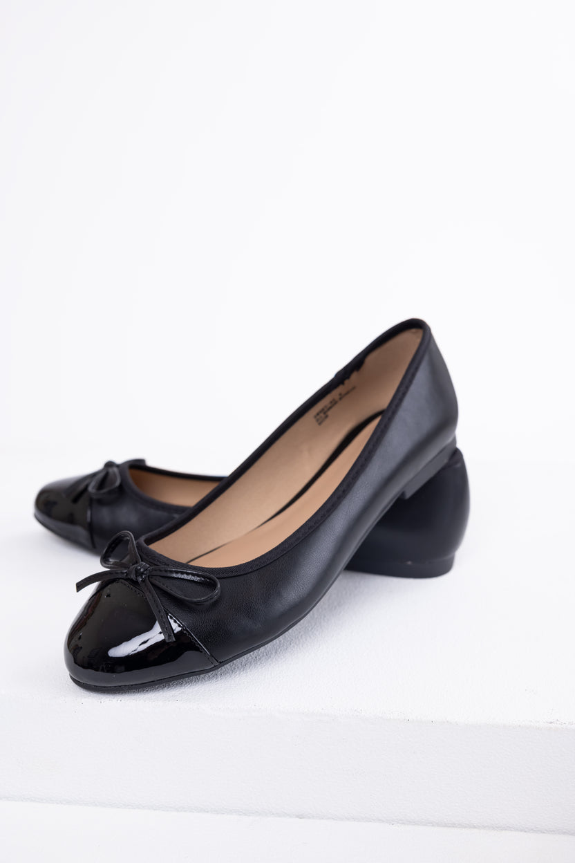 Black Faux Leather Shiny Toe Ballerina Flats